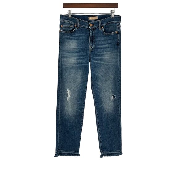 7 For All Mankind Womens High Rise Distressed Crop Jeans Size 28/29? Blue Denim - Picture 1 of 10